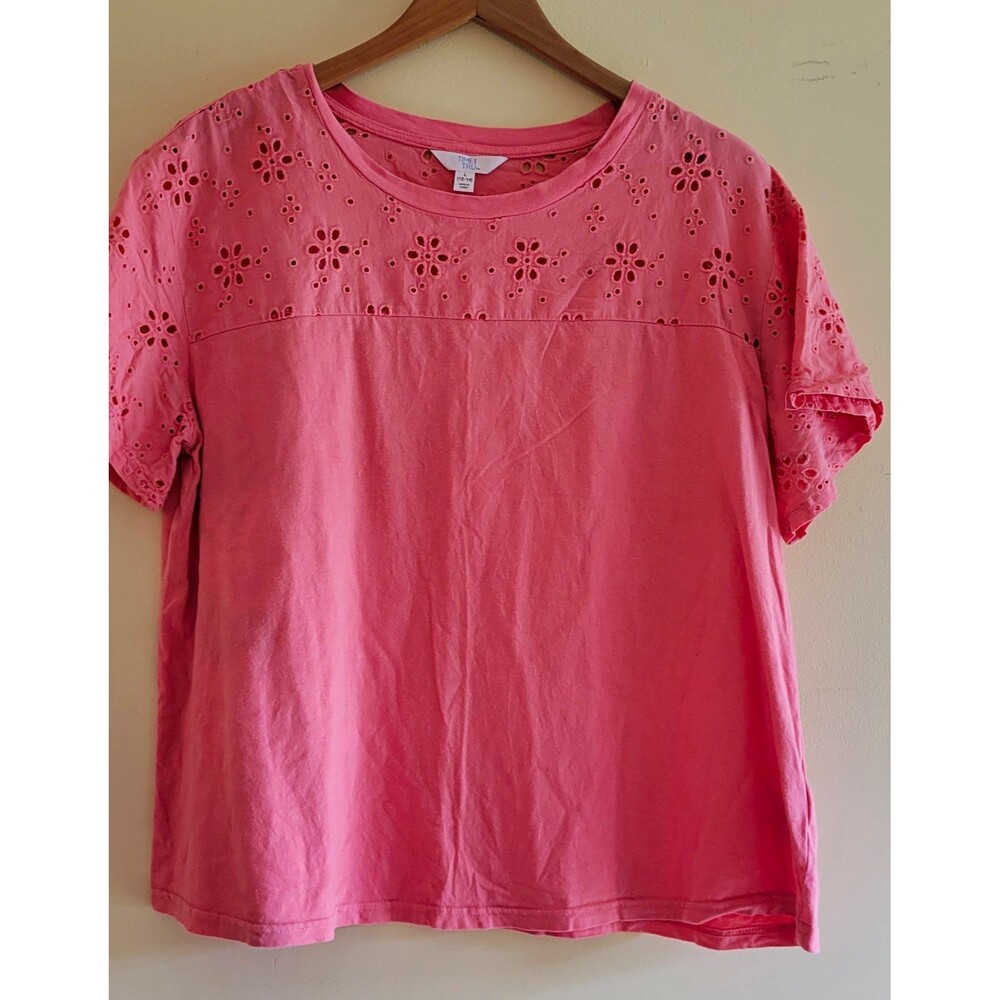 Time And Tru Women's Pink Floral Eyelet Knit Pullover Blouse, Crew Neck L